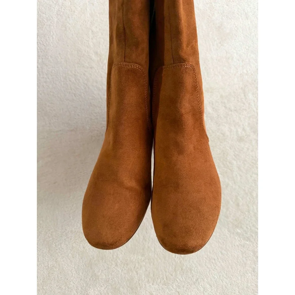 Vtg J. Crew Womens 7.5 Brown Boots Knee High Block Heel Faux Suede BT279